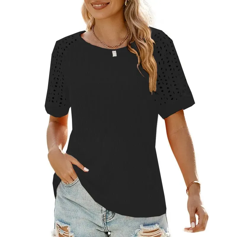 ✨Women Casual Round Neck Waffle Grid Patchwork Hollow Out Embroidered T-Shirt