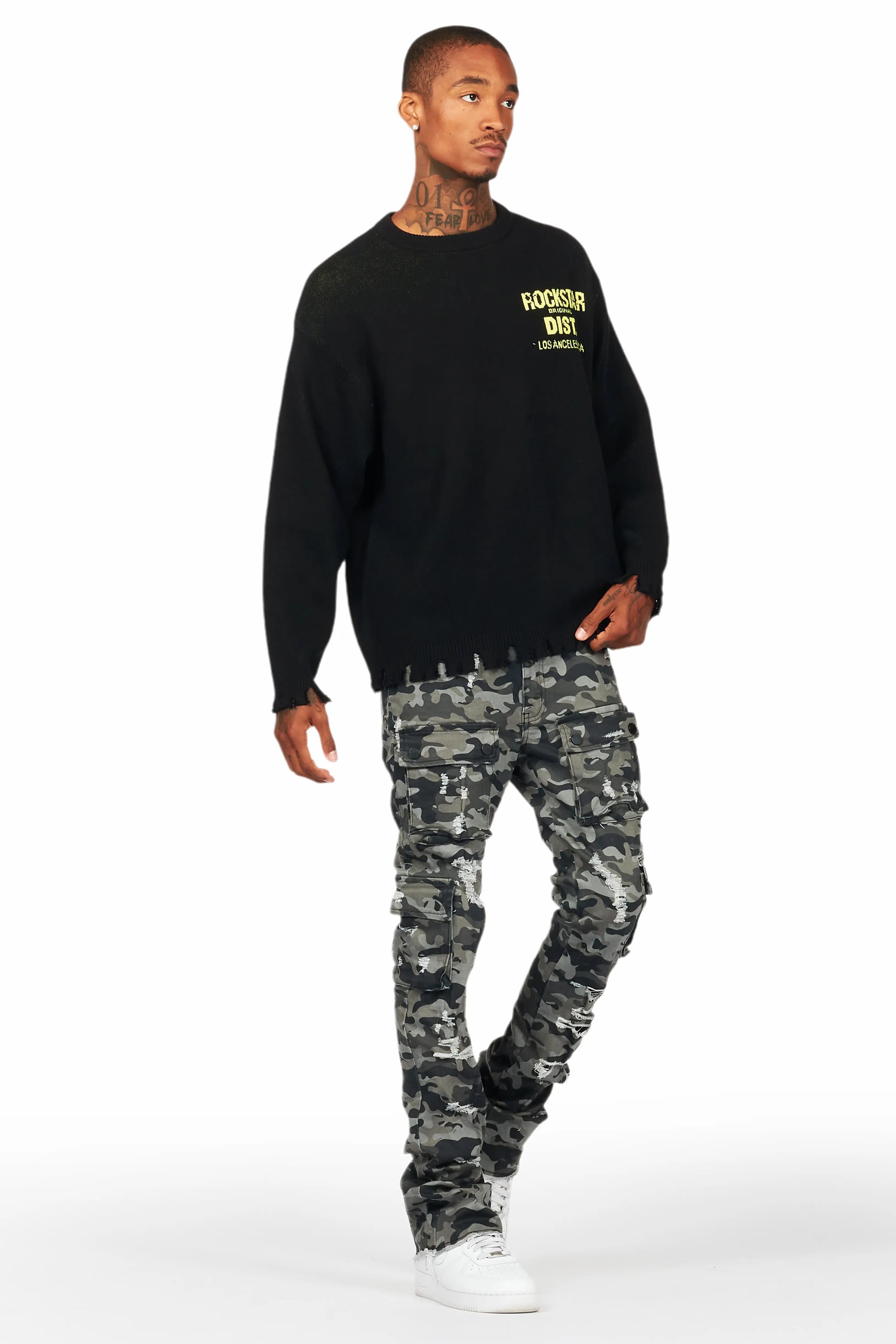 Zaid Grey Camo Stacked Flare Jean