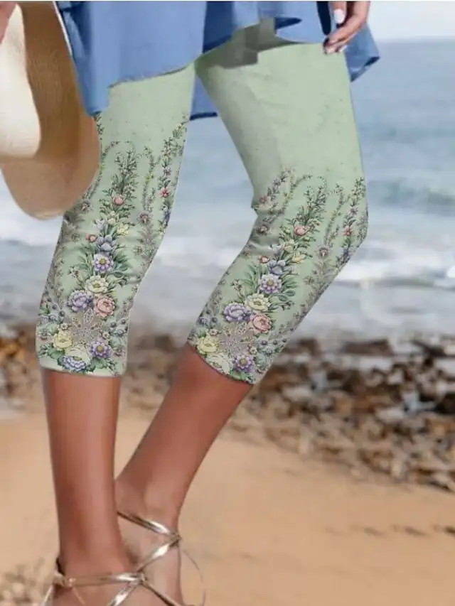 Women's Pants Trousers Leggings Capri shorts Green Purple Red Mid Waist Fashion Leisure Sports Weekend Print Stretchy Calf-Length Comfort Flower / Floral S M L XL XXL / Slim