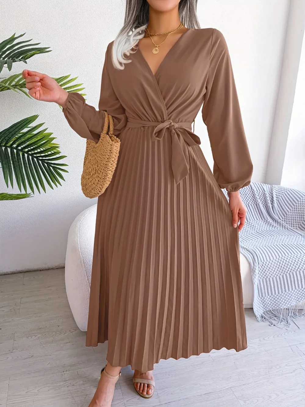 Chic Pleated Dress with Surplice Neckline
