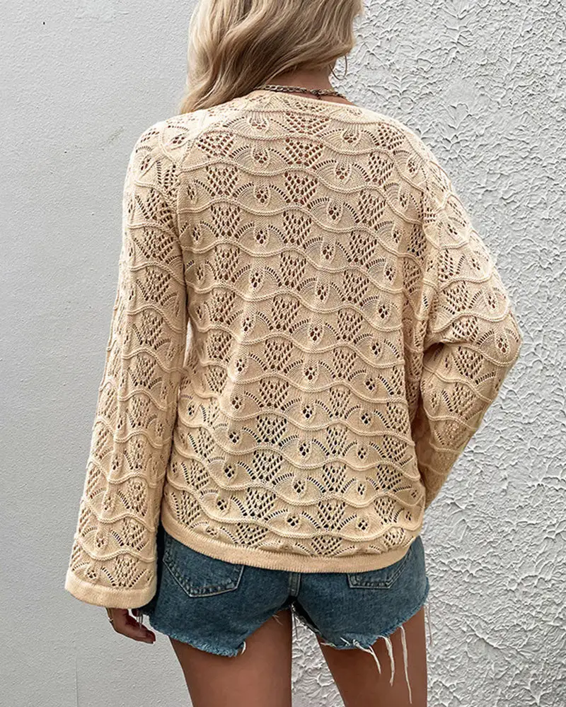 Solid Color Cutout Drawstring Knit Sweater Top