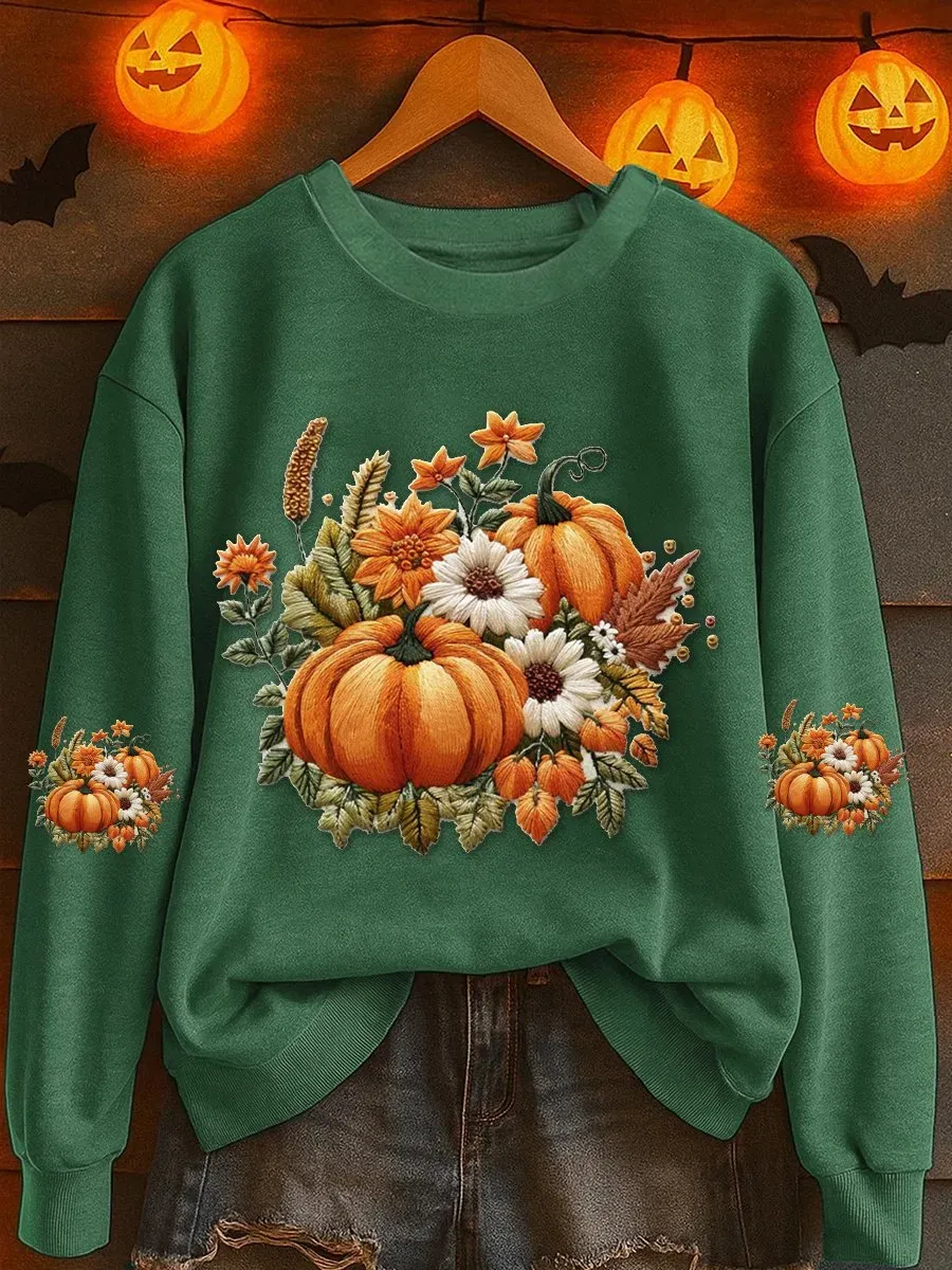 Women's Pumpkin Floral Print Casual Sweatshirt