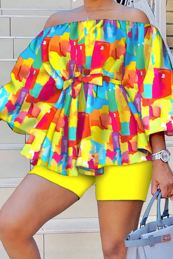 Denim Print Off-Shoulder Belted Pant Set