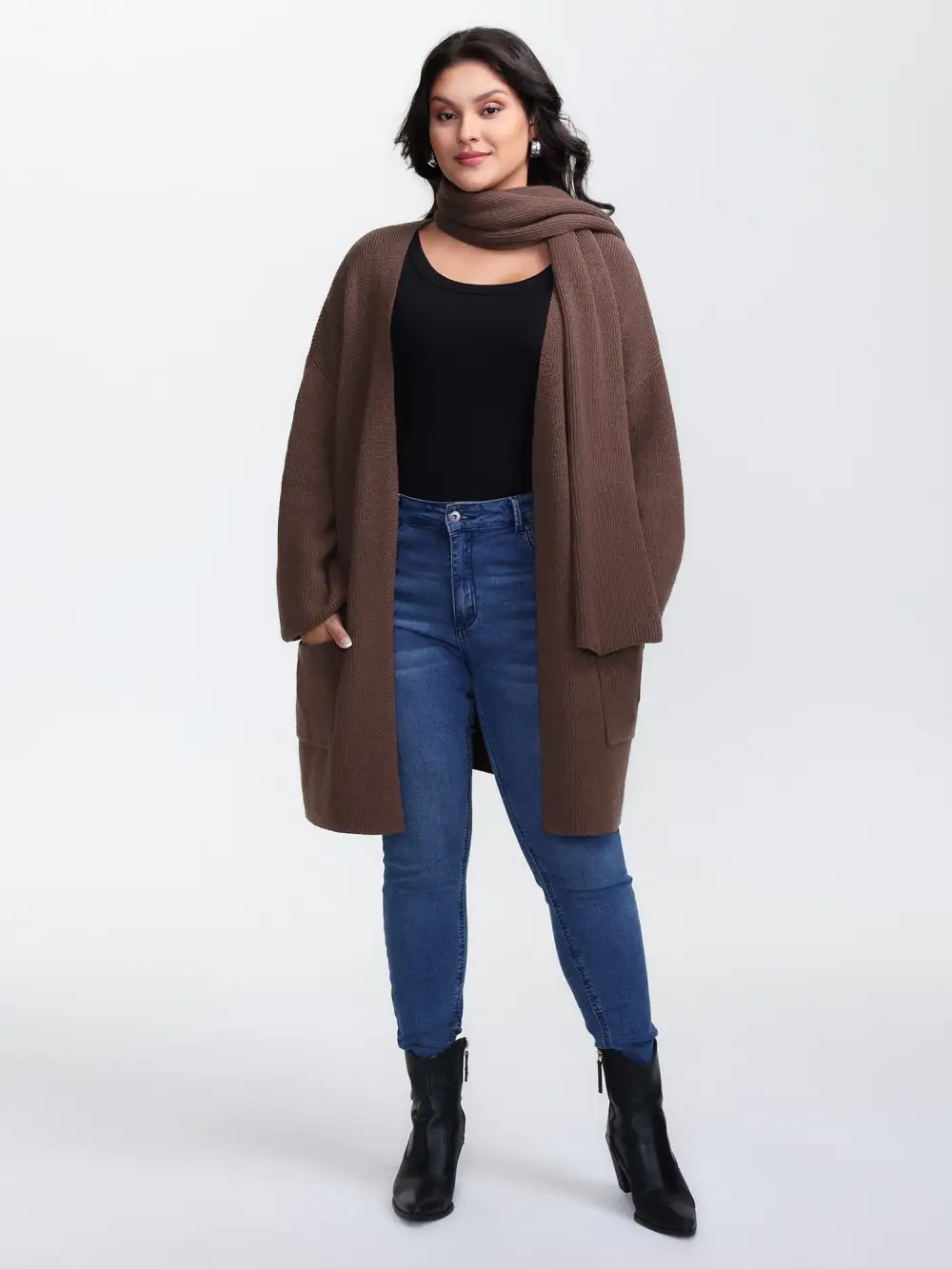 Textured Scarf Pockets Knit Cardigan