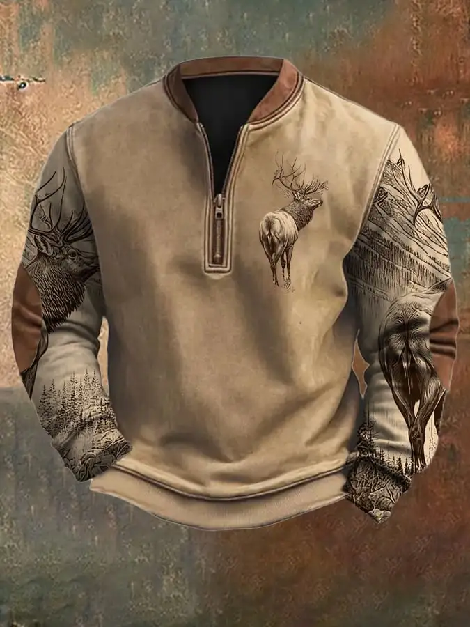 Men's Vintage Western Elk Silhouette Print Zip-Neck Sweatshirt