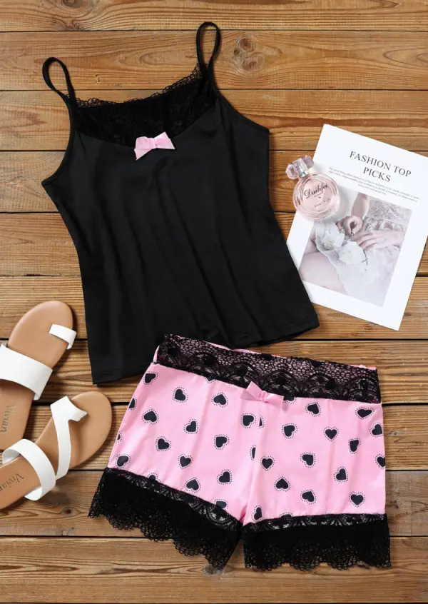 Lace Bowknot Camisole And Love Heart Shorts Pajamas Set