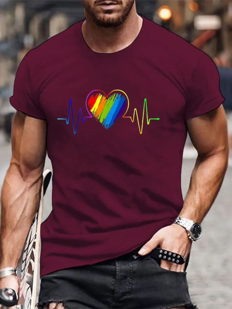 Men'S T-Shirt With Pure Cotton Round Neck, Rainbow Heartbeat, LGBT