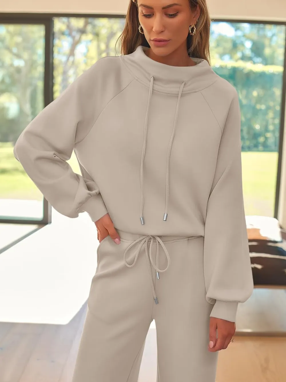 Lounge Sets for Women Sweatsuits 2 Piece Outfits 2024 Fall Drawstring Sweatshirt Wide Leg Sweatpants Tracksuit