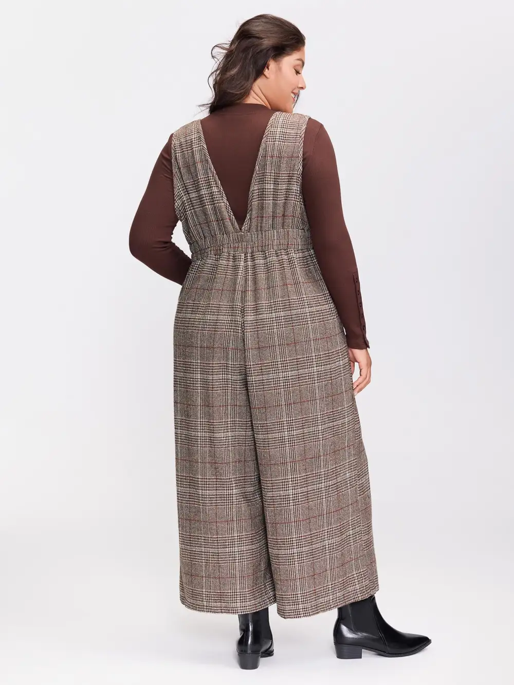 Plaid Button Detail V-Neck Jumpsuit