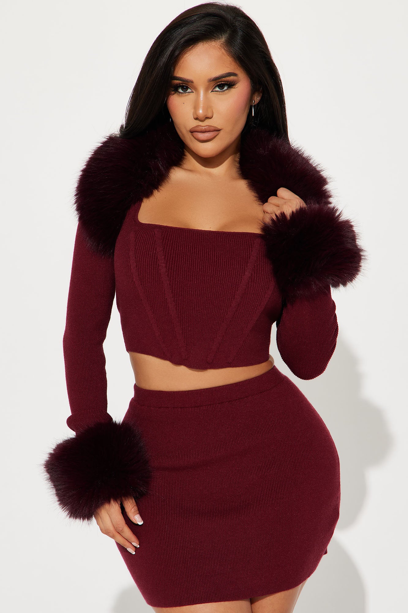 Sara 3 Piece Sweater Skirt Set - Wine