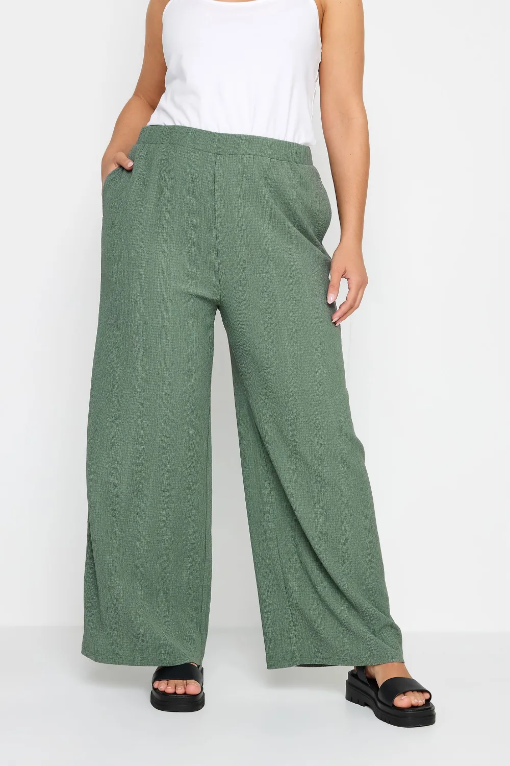 YOURS Curve Khaki Green Textured Wide Leg Trousers
