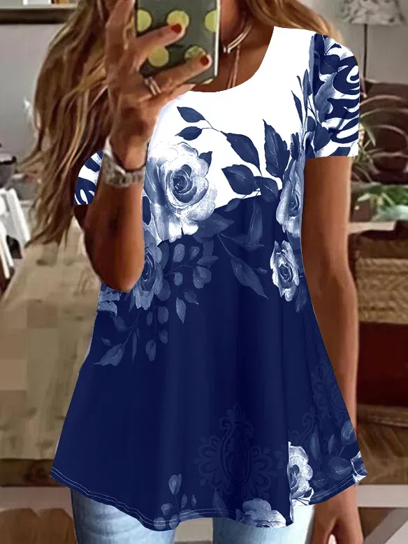 Crew Neck Floral Color Block Casual Tunic Tops
