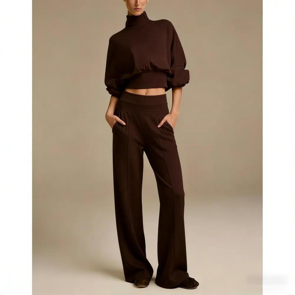 Turtleneck Puff-Sleeve Crop Top & Wide-Leg Pants Set