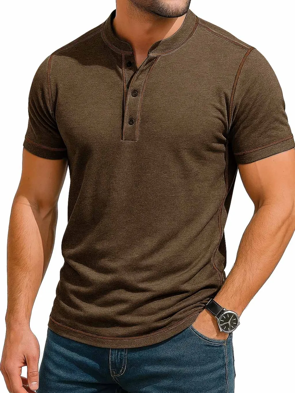 Men's Fashion Retro Contrast Color Line Short Sleeve Henley Shirt 
