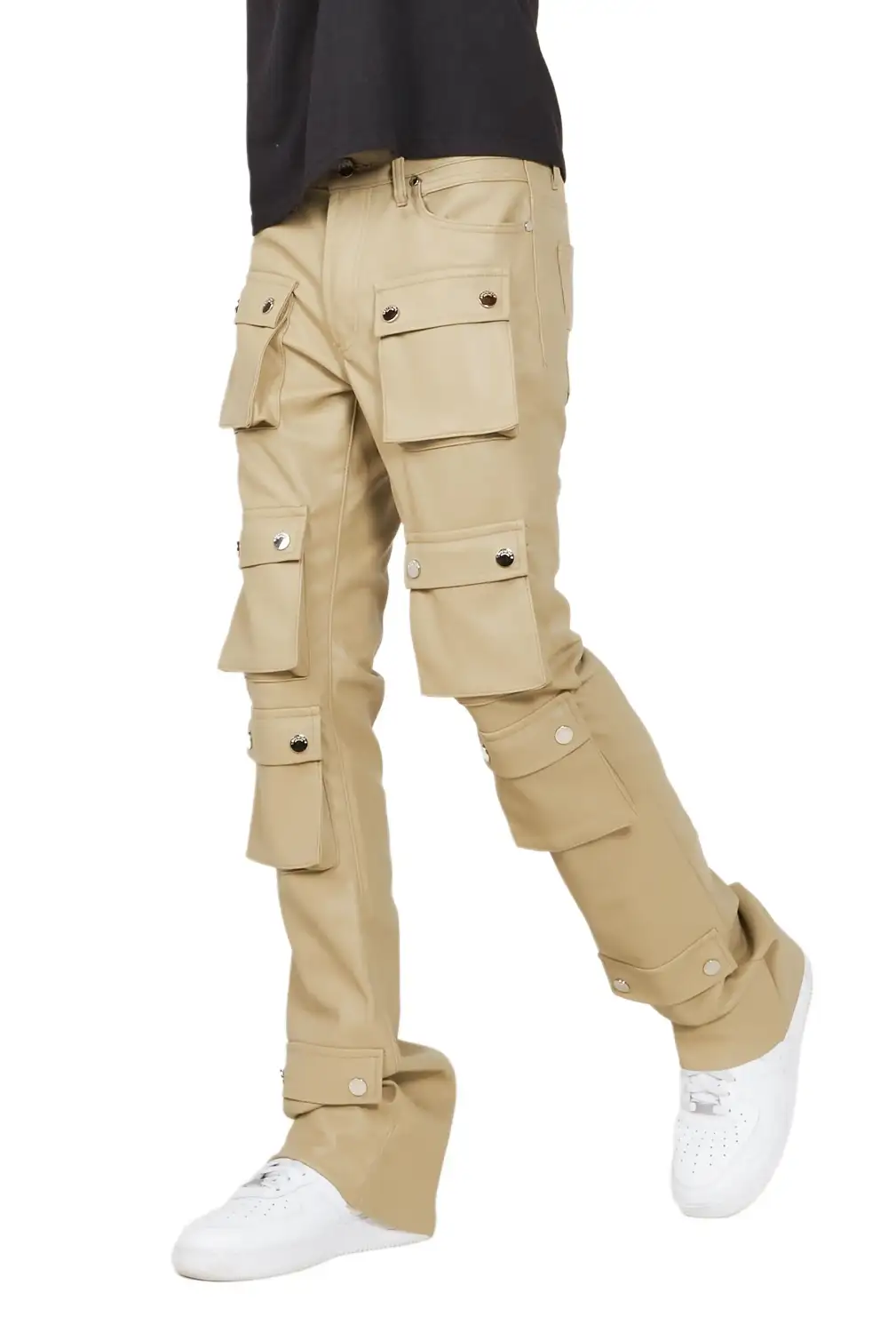 Remi Beige Faux Leather Stacked Flare Jean