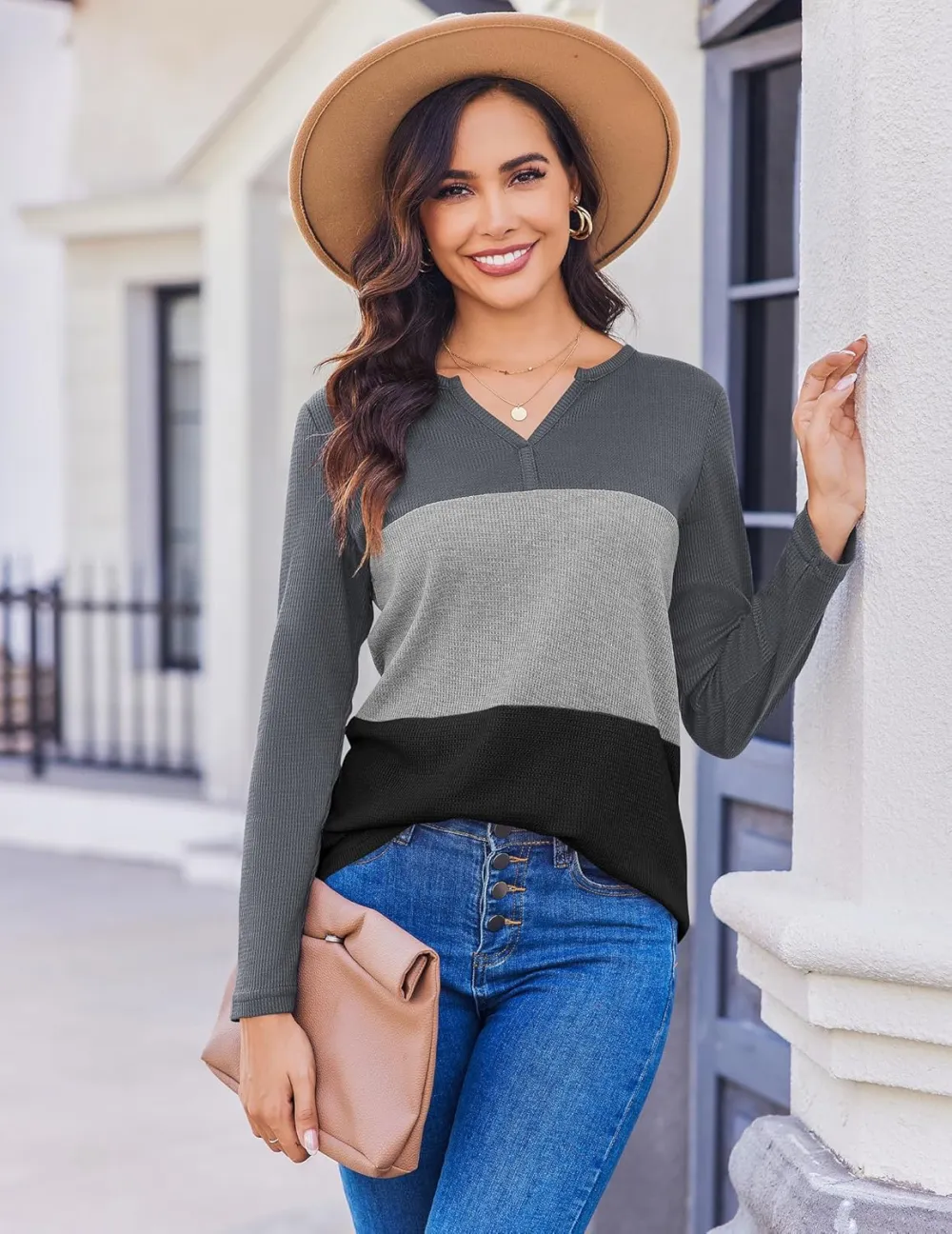 Women's Waffle Shirts V Neck Long Sleeve Tops Color Block T-Shirts Casual Tunics 2024 Fashion Basic Tees
