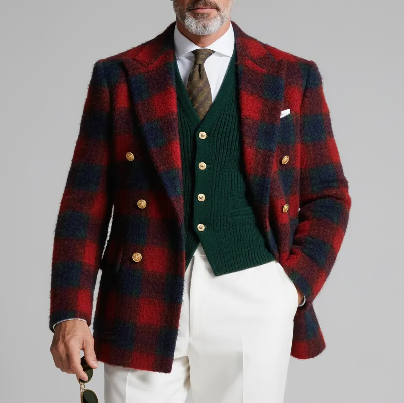 Men's Red Plaid Double Breasted Peak Lapel Textured Long Sleeve Blazer