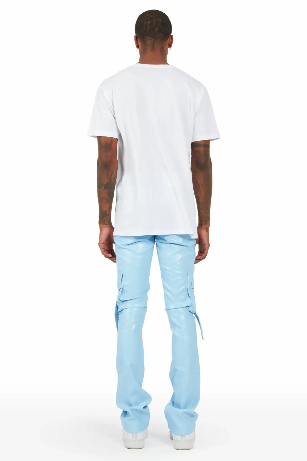 Errol Baby Blue Faux Leather Stacked Cargo Jean