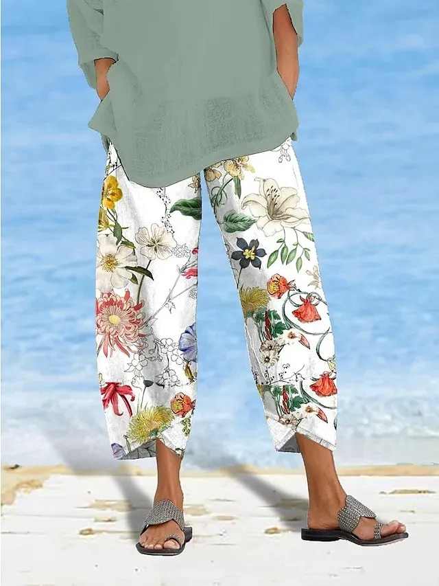 Women's Wide Leg Pants Trousers White Khaki Fashion Casual Daily Side Pockets Ankle-Length Comfort Floral S M L XL 2XL