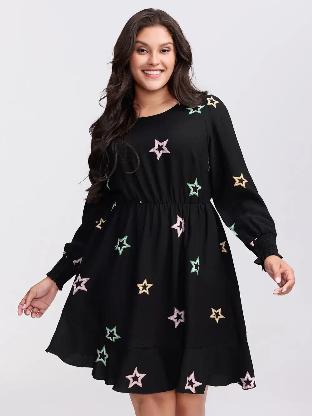Star Embroidery Shirred Cuffs Pockets Knee-Length Dress