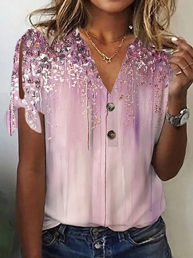 Women's T shirt Tee Pink Blue Green Graphic Button Cut Out Print Short Sleeve Daily Weekend Basic V Neck Regular Fit Painting