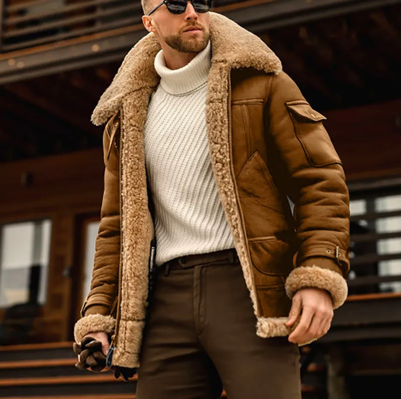 Mens Sherpa Faux Zip Up Heavyweight Plus Size Trench Coat Spread Collared Jacket