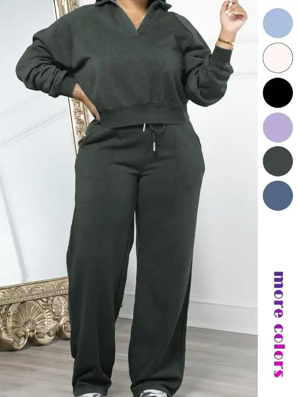 Women's Solid Long Sleeve Sweatshirt & Drawstring Waist Pants Set, Casual Fashion Cozy Two-piece Outfits