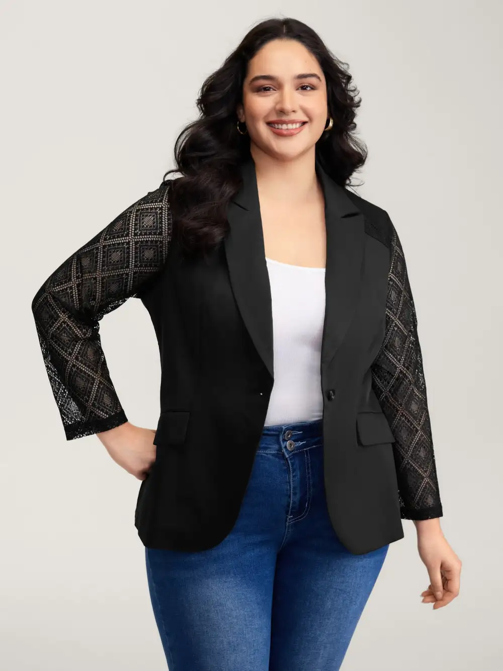 Stretchy Textured Sheer Sleeve Contrast Blazer