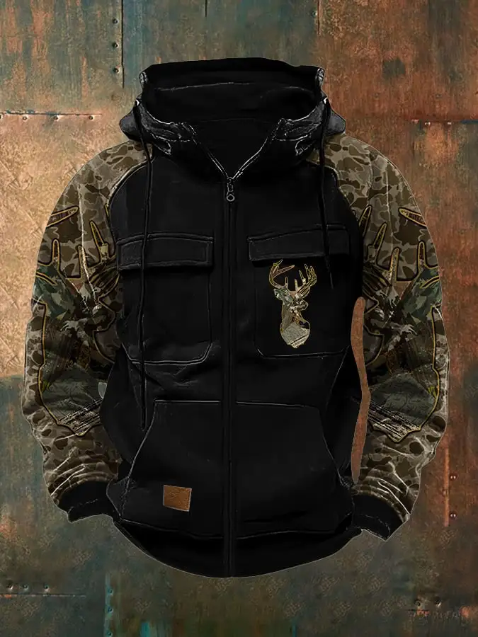 Men's Retro Casual Camouflage Elk Contrast Color Jacket
