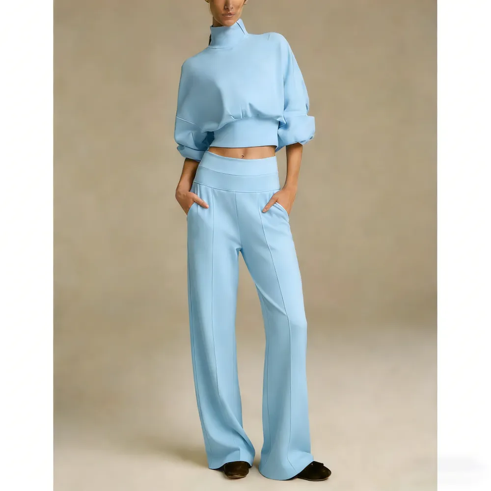 Turtleneck Puff-Sleeve Crop Top & Wide-Leg Pants Set