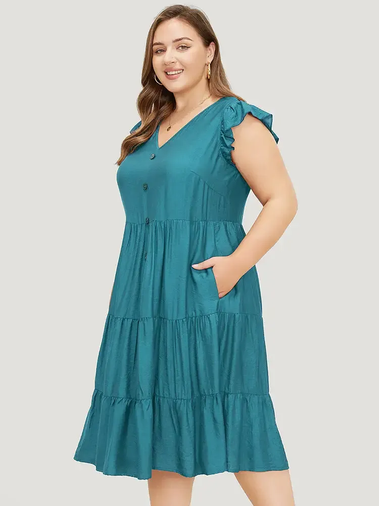 Plain Pocket Button Detail Ruffle Layered Hem Dress