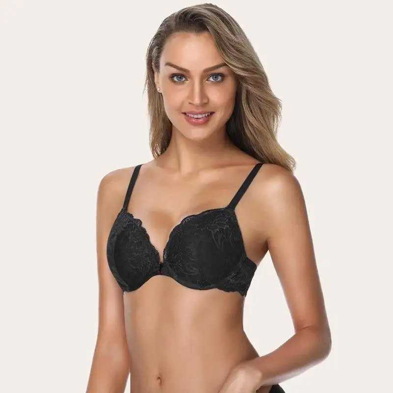 Floral Lace Push Up Bra Lightly Padded Comfort Demi Plunge Bra