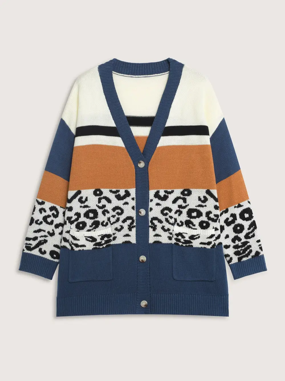 Stripe Color Block Leopard Knit Cardigan