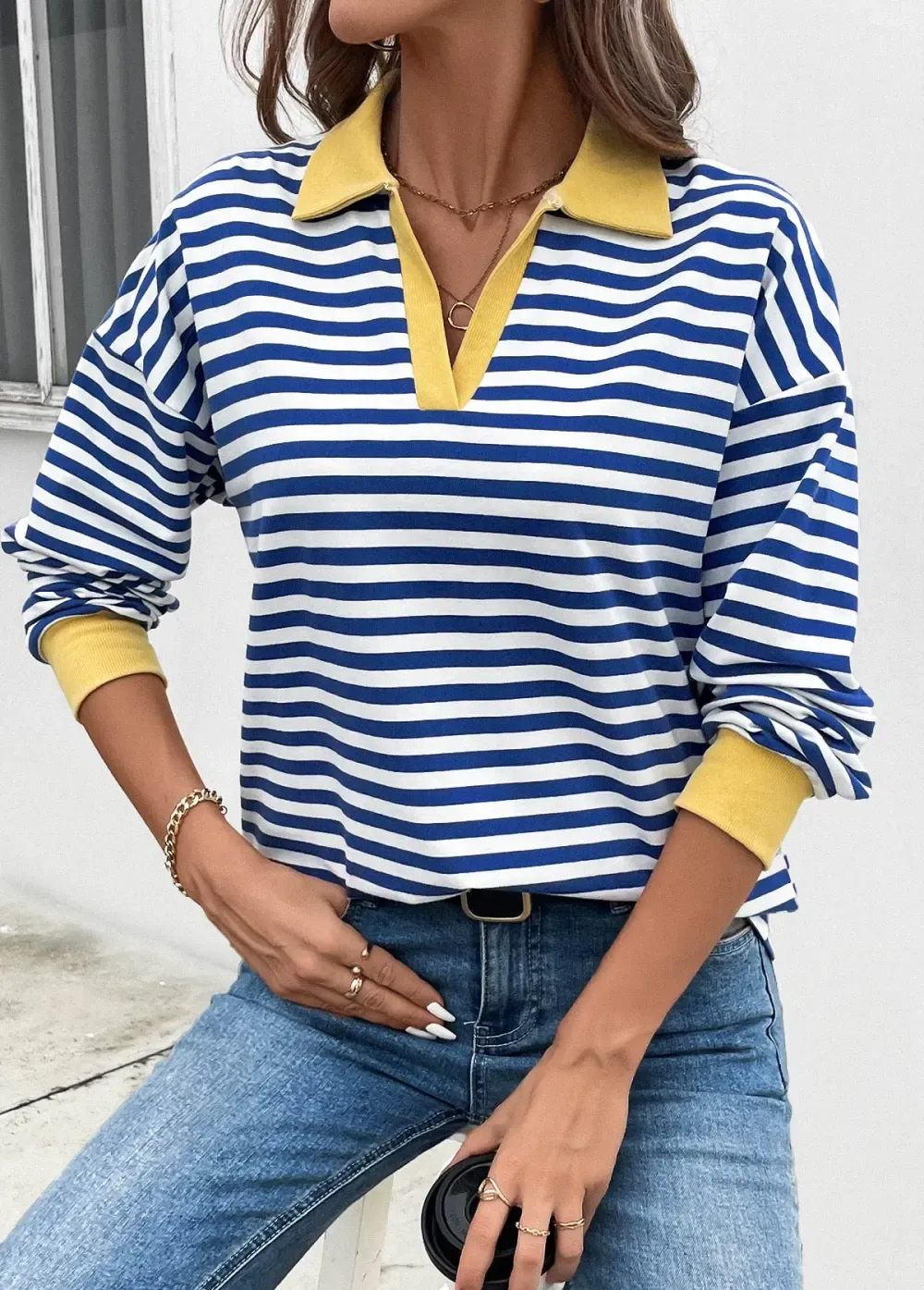 Navy Patchwork Striped Long Sleeve T Shirt