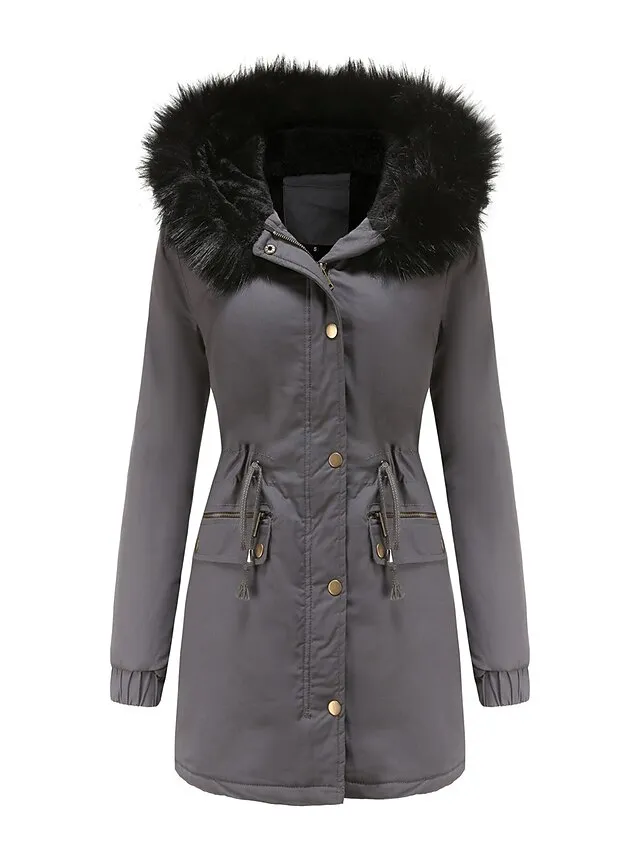 Women's Parka Fleece Puffer Jacket Winter Thicken Coat Warm Windproof Outerwear with Fur Collar Drawstring Zip up Stylish Casual Street Jacket with Pockets Long Sleeve Black Army Green Navy Blue