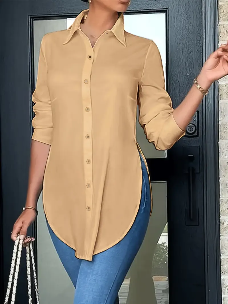 Women's Long Sleeve Shirt - Split Button Front, Casual Curved Hem