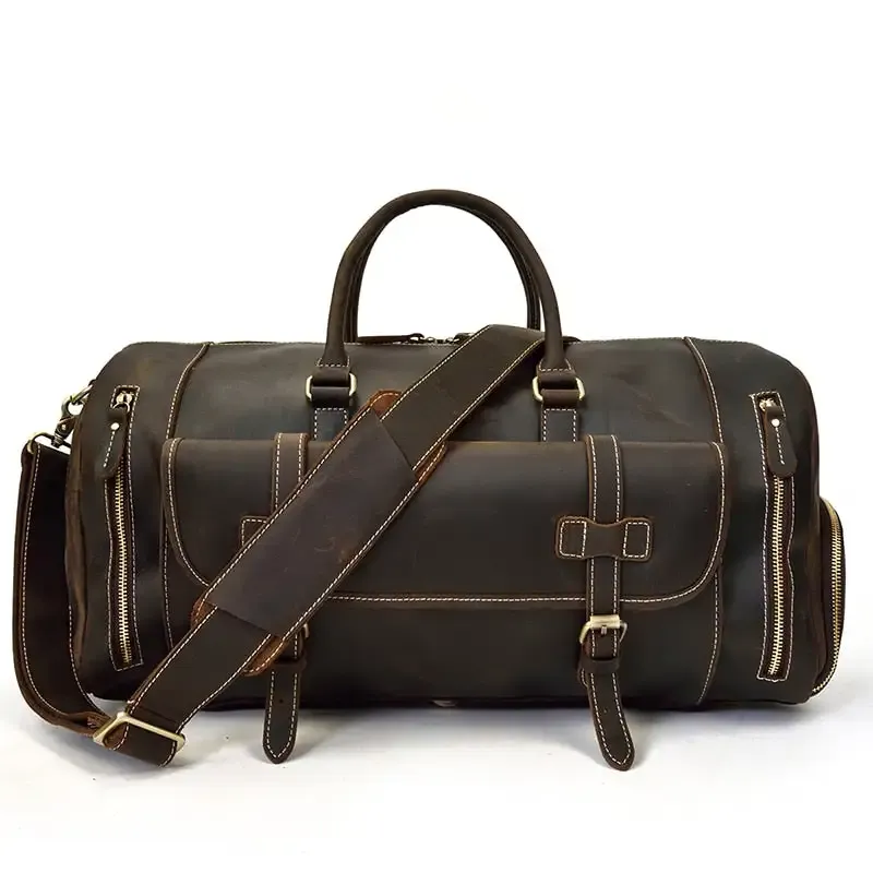 Retro Crazy Horse Leather Travel Bag with Separate Shoe Compartment
