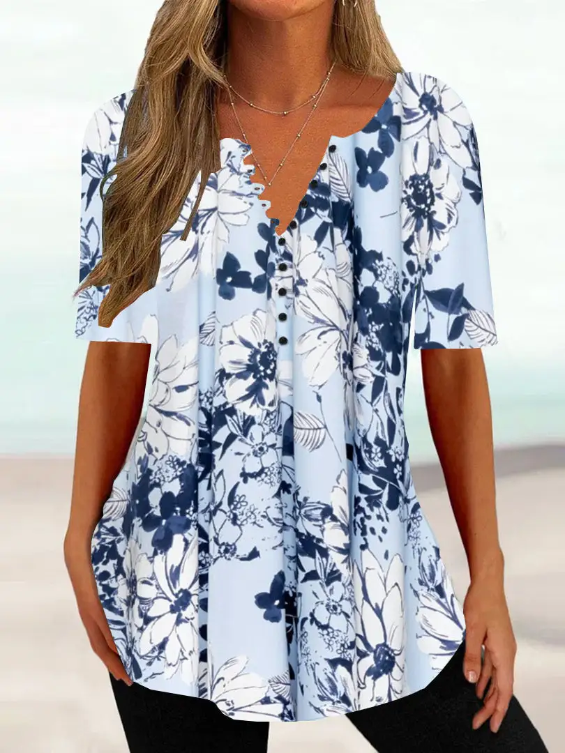 Women Half Sleeve V-neck Floral Printed Tops