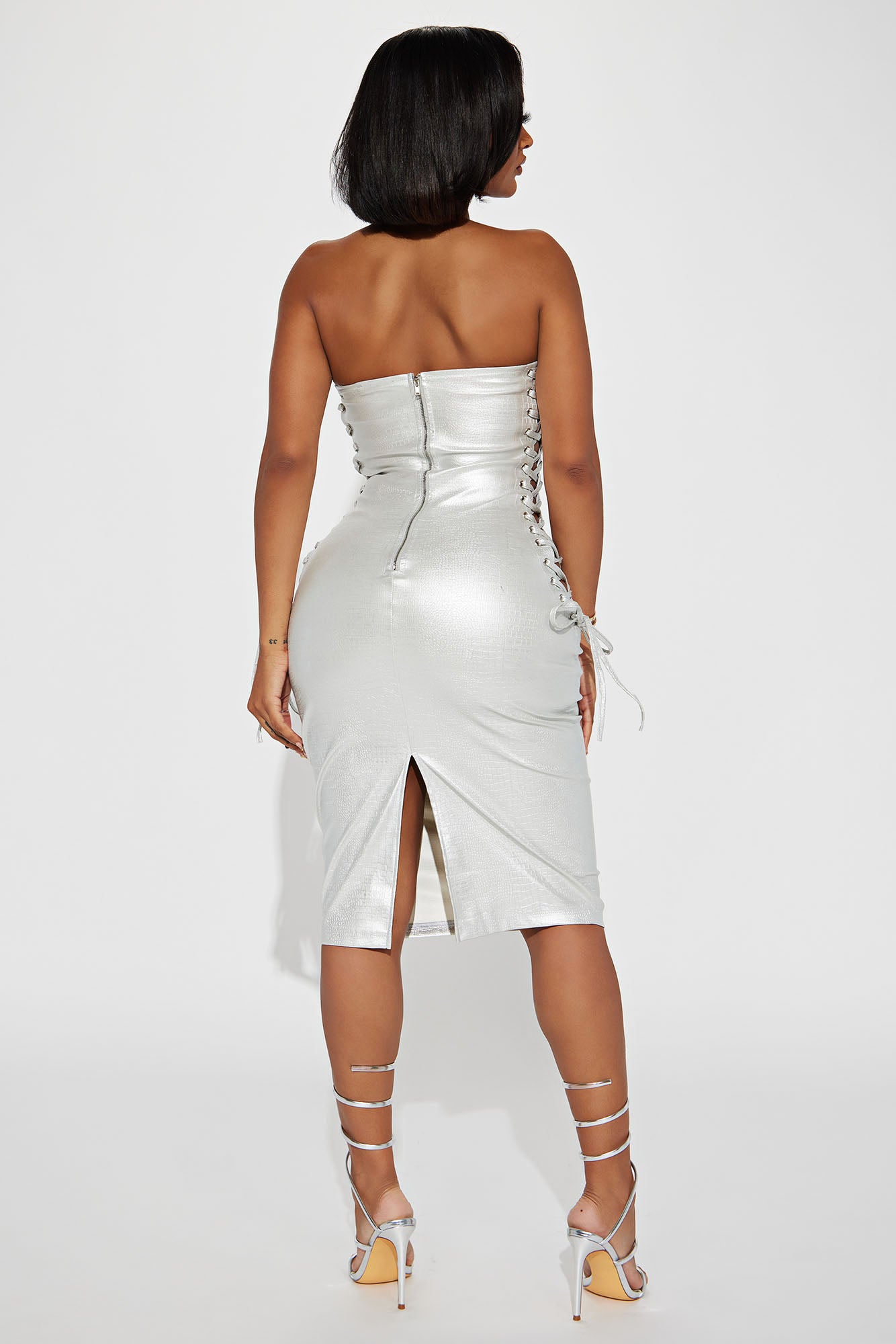No Crocodile Tears Lace Up Midi Dress - Silver