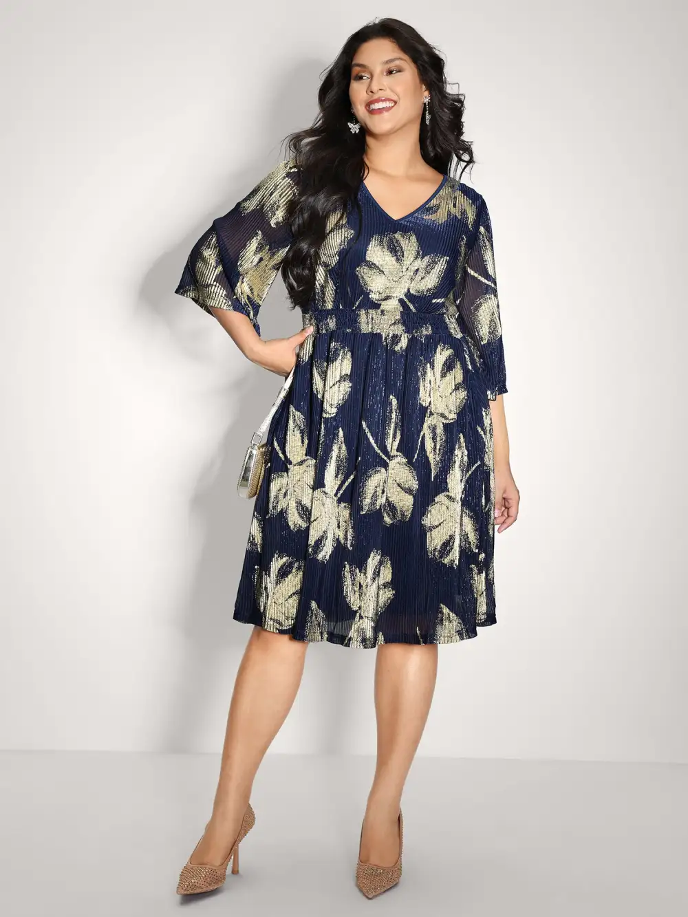 Hot Stamped Fall Leaf Shirred Midi Dress