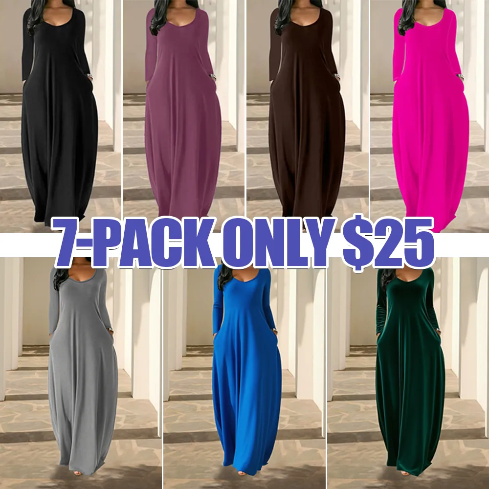 Women's Solid Color Pocket Lounge Dress, Casual Comfy Long Sleeve Dress for Daily Wear, Ladies Sleepwear Loungewear for All Seasons