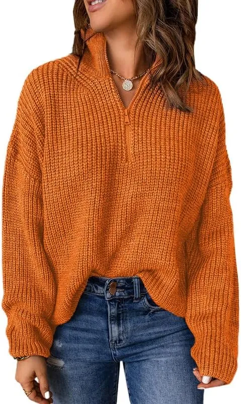 Womens Sweaters Long Sleeve 1/4 Zip Pullover Polo V Neck Dressy Casual Tops