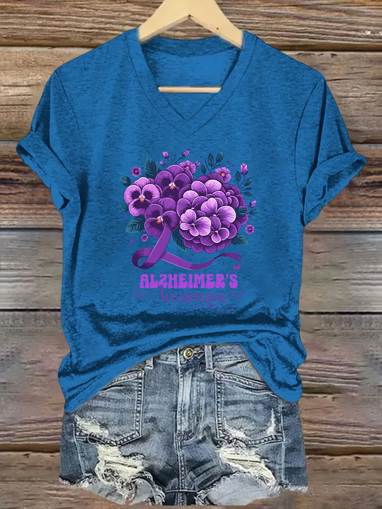 Women's Alzheimer's Print Casual V-Neck T-Shirt