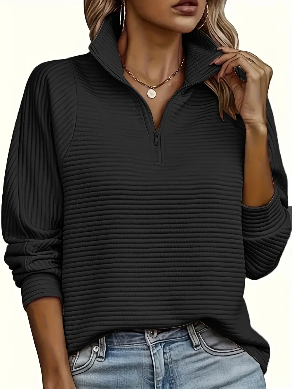 Long Sleeve Solid Color Funnel Neck Zipper Textured Sweatshirt - Soft Non-Stretch Polyester Fabric, Regular Fit, Half Placket, Casual Style for Spring and Fall