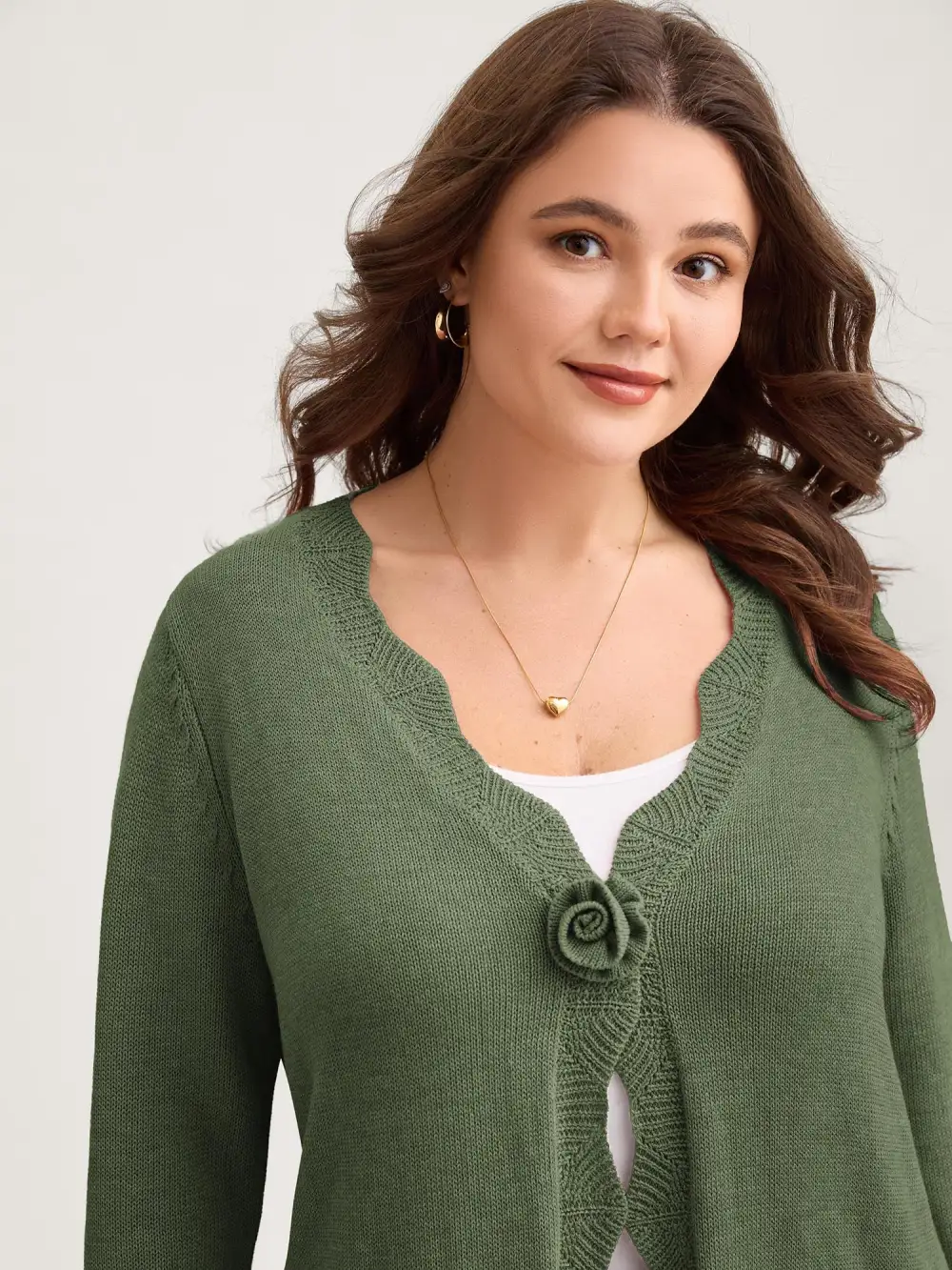 Supersoft Textured Floral Button Ruffled Hem Knit Cardigan