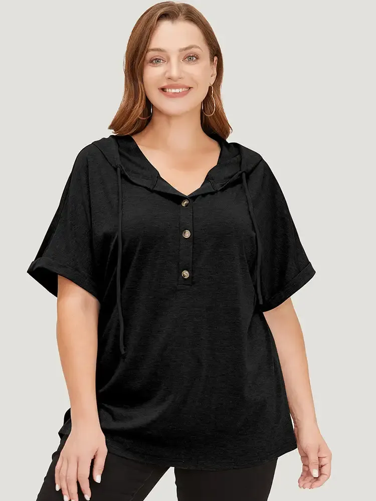 Plain Drawstring Roll Sleeve Button Up Hooded T-shirt