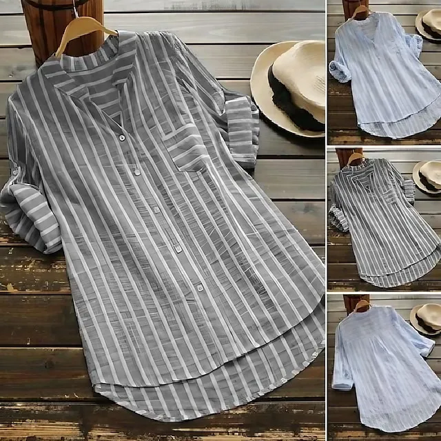 Women's Blouse Light Blue Stripes V Neck Button Front Office Shirt Long Sleeve Blouse For Spring  Summer Autumn