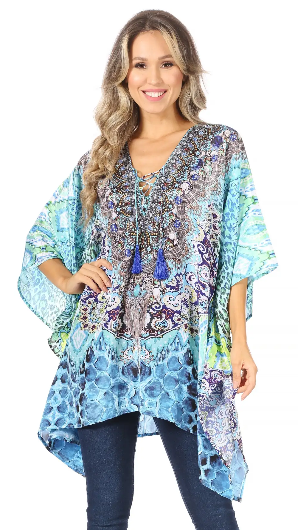 Women's Caftan Poncho Cover up V neck Top Lace up With Rhinestone