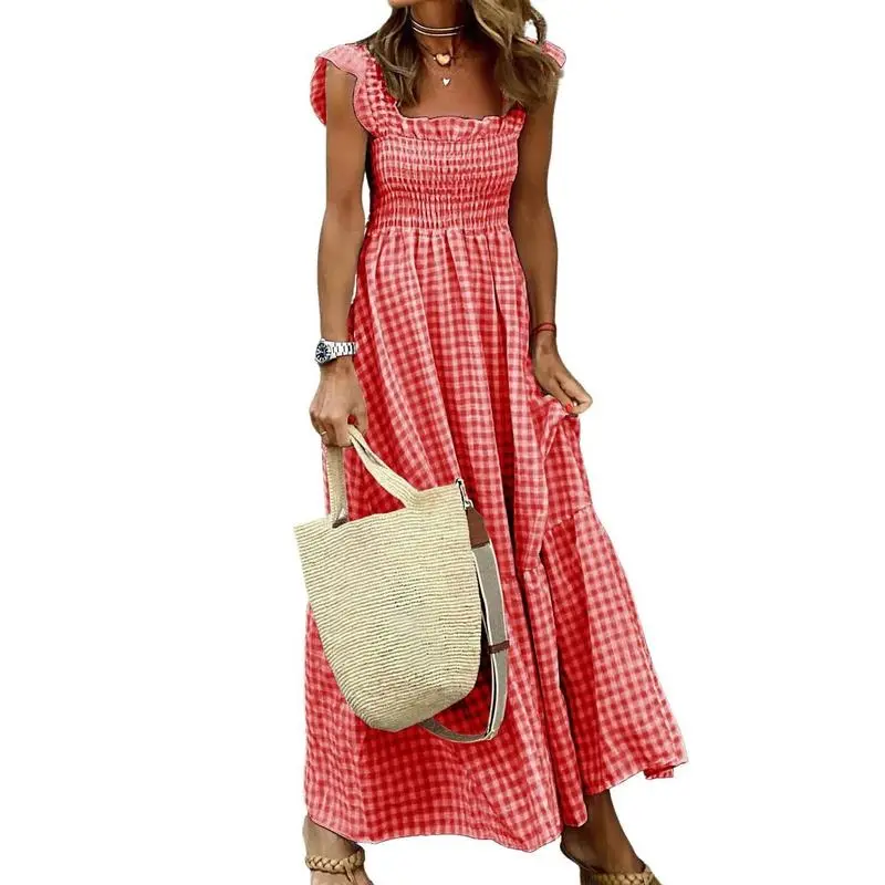 Women's Retro Plaid Smocked Flounce Maxi Dress – Spaghetti Strap