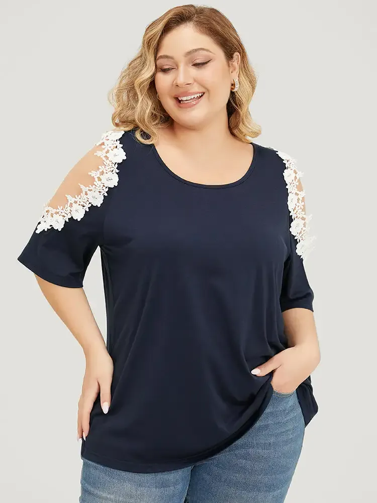 Solid Guipure Lace Cold Shoulder T-shirt